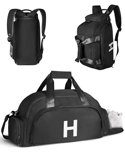 Initial Gym Bag with Shoe Compartment, Gift Idea for Girls Boys - color: Black, style: H