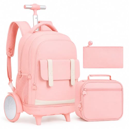 UFNDC Wheeled Backpack for Women & Girls with Big Wheels - Water-Resistant Rolling Bag for Travel, College & Business, 3-Pack (Pink) - color: Rolling Backpack Big Wheel Pink