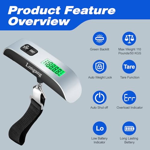 Digital Hanging Luggage Scale with Backlit for Travel, Portable Handheld Suitcase Weight Scale with Hook, 110 Pounds, Battery Included - color: Silver