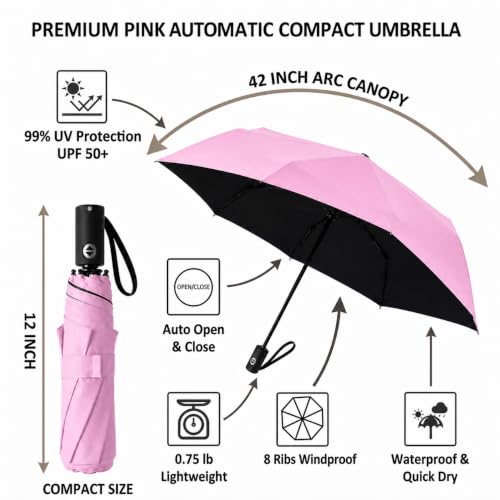 BAODINI Compact Travel Umbrella Small Windproof Auto Open Close for UV Sun Protection UPF 50+ and Rain Fits Backpack Purse & Suitcase - color: Pink