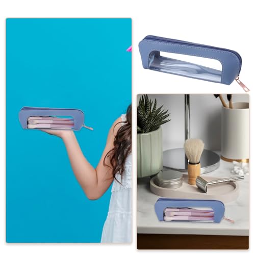 Small Makeup Brush Bag, Clear Portable PU Leather Makeup Pouch for Purse - color: Blue