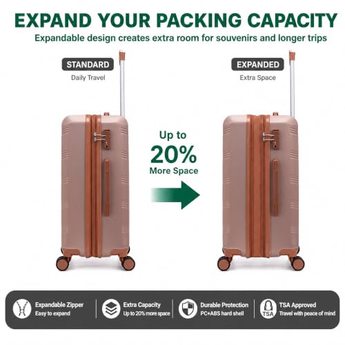 CONCEPTEN Expandable Carry on Luggage 3 Piece Suitcases with Spinner Wheels - color: Champagne Gold, size: 3 Piece