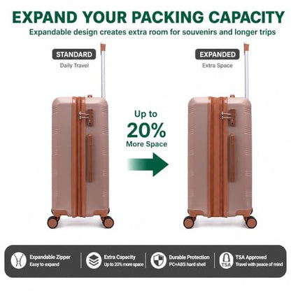CONCEPTEN Expandable Carry on Luggage 3 Piece Suitcases with Spinner Wheels - color: Champagne Gold, size: 3 Piece