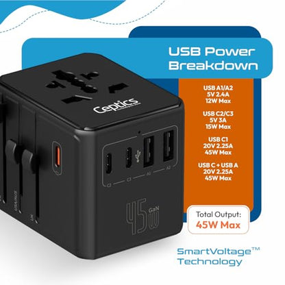 Ceptics 8 in 1 Universal Travel Adapter 45W, 3 Inputs, 2 USB-A + 3 USB-C - color: Black