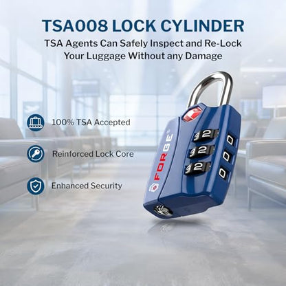 Forge TSA Locks 2 Pack - Open Alert Indicator, Alloy Body and Hardened Steel Shackle with Re-settable 3-Digit Combination - color: Blue 2Pk