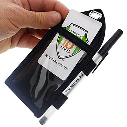 Heavy Duty Badge Wallet with Pen Loop Holder - Double Pocket Key Card Holder - Clear Front Display Window - Secure Back Pouch for Cards, Money, Flash Drive and More by Specialist ID (Black) - size: 1 Single