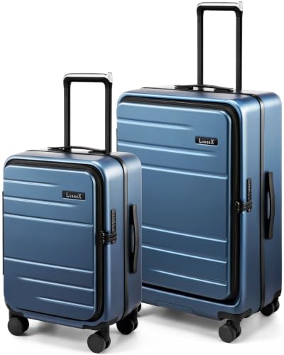 LUGGEX Top Opening Trunk Suitcase Set, Aluminum Frame, Blue, 20" + 26" - color: Blue, size: 20/26 Inch