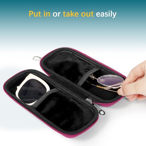 Double Eyeglasses Case for Dual Sunglasses, Hard Shell with Zipper - color: Hot Pink