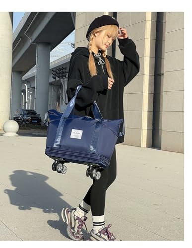 Travel Tote Bag with Trolley Sleeve Expandable Extra Duffel Bag with Wheels Lightweight Traveling Foldable Suitcase - color: Dark Blue
