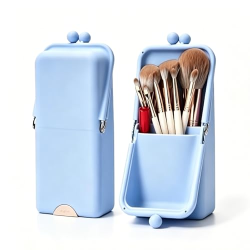 Standable Silicone Makeup Brush Holder, Waterproof Travel Cosmetic Storage Bag with Phone Stand Design, Multifunctional Travel Organizer Pouch for Lipstick Eyebrow Pen Beauty Tools (Blue) - color: Blue