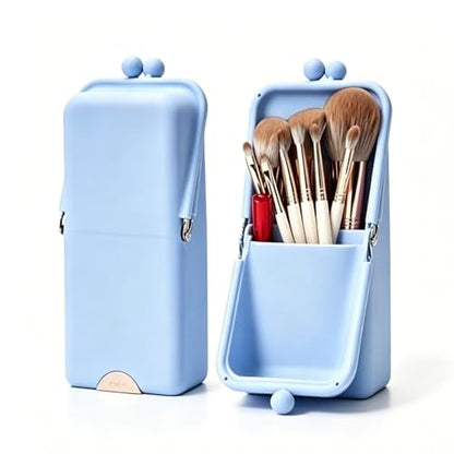 Standable Silicone Makeup Brush Holder, Waterproof Travel Cosmetic Storage Bag with Phone Stand Design, Multifunctional Travel Organizer Pouch for Lipstick Eyebrow Pen Beauty Tools (Blue) - color: Blue