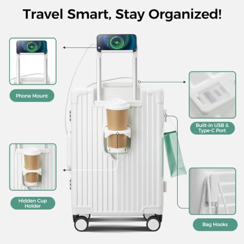 Carry on Luggage Aluminium Frame with Cup Holder,Top opening Suitcases and USB Charging Port,Lightweight with Front Pocket Rolling Suitcases with Spinner Wheels (Beige, 20Inch)