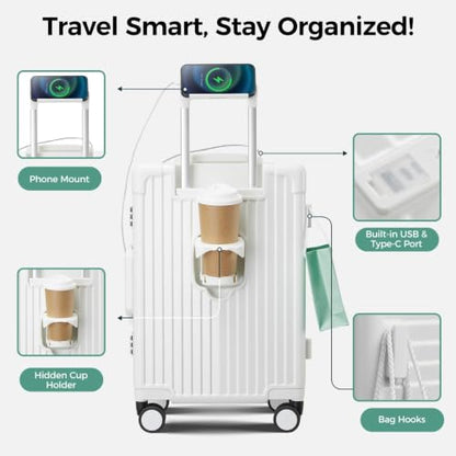 Carry on Luggage Aluminium Frame with Cup Holder,Top opening Suitcases and USB Charging Port,Lightweight with Front Pocket Rolling Suitcases with Spinner Wheels (Beige, 20Inch)