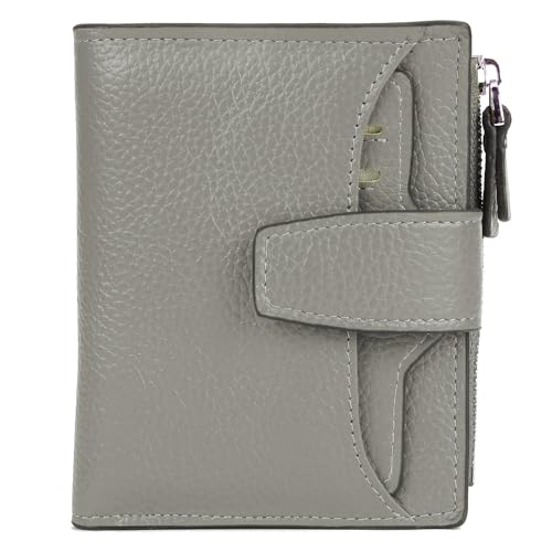 Women's RFID Blocking Leather Small Compact Bi-fold Zipper Pocket Wallet Card Case Purse with id Window - color: Lichee Gray