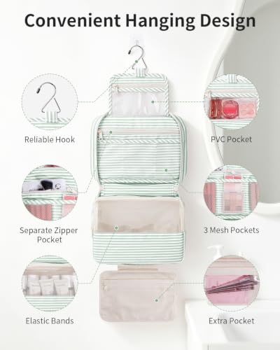 Narwey Hanging Travel Toiletry Bag for Women, Large Makeup Cosmetic Bag - color: B-Mint Green Stripe