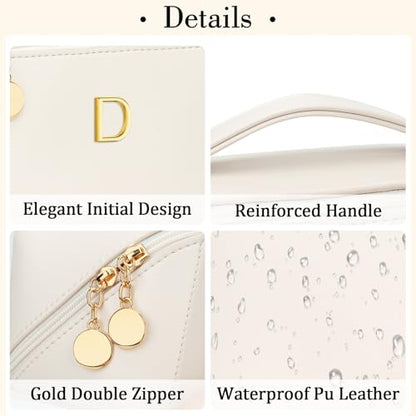 Initial Makeup Bag Personalized Gift for Women Teen Girls - color: Beige, style: D