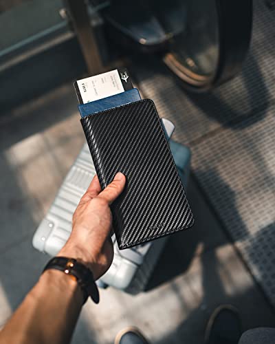 VULKIT Passport Wallet for Travel RFID Blocking Premium Leather - color: Carbon Fiber Black