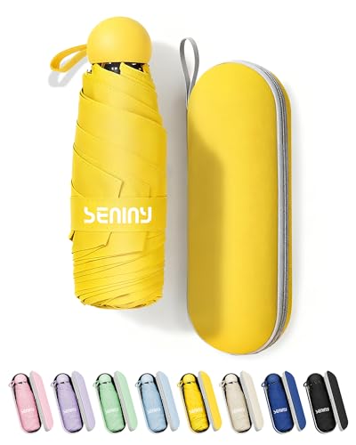 Seniny Mini Travel Umbrella with Case, Compact Pocket Size UV Sun & Rain - color: Yellow