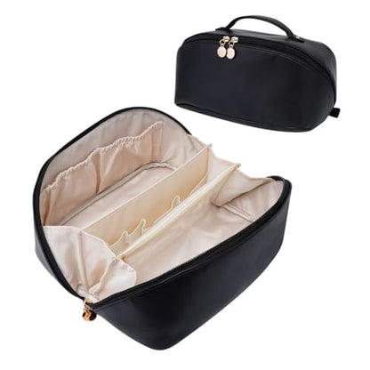 Large Capacity Cosmetic Bag for Women, Waterproof PU Leather Makeup Bag for Travel,Toiletry Bag Make up Organizer with Divider and Handle (Black) - color: Black