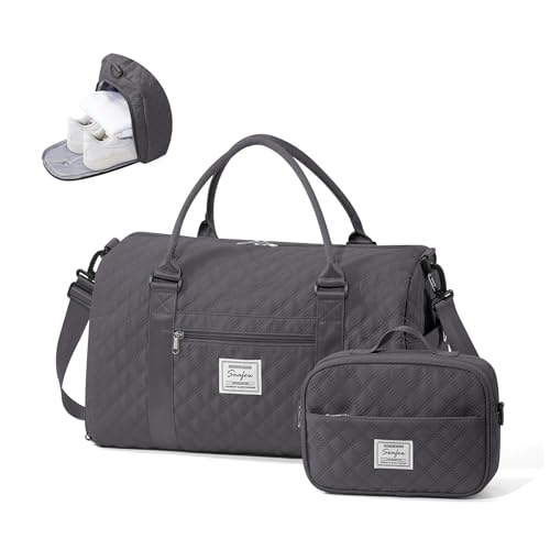 Gym Duffle Bag for Women with Shoe Compartment Waterproof Travel Tote Bags Personal Item Carry On Weekender Overnight Bags with Toiletry Bag Swimming Yoga Bags Hospital Holdalls Black Grey - color: C3-Grid-Back Grey