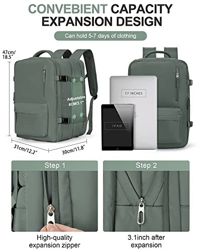 Large Travel Laptop Backpack, Expandable Flight Approved Backpack, Carry on Backpack for Women, Waterproof 17inch Laptop Hiking Backpack with Shoe Compartment, Dark Green - color: A17-darkgreen, size: XL Plus