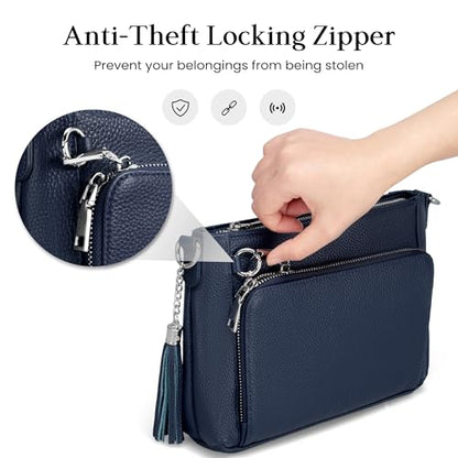 befen Anti Theft Genuine Leather Crossbody Bags for Women Built in Wallet | Crossbody Shoulder Bag with Built in Wallet, RFID Leather Purse, Anti Theft Genuine Leather Purses - color: Navy Blue