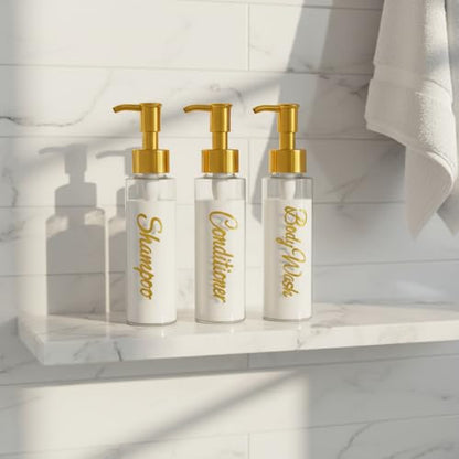 Shampoo and Conditioner Dispenser - Essentials Toiletry Bottles - Shower Refillable Shampoo and Body Wash Soap Pump Bottle – 3x 3oz TSA-approved Travel Size Containers - Clear All Gold 2 Round - color: Clear All Gold 2 Round, size: Small