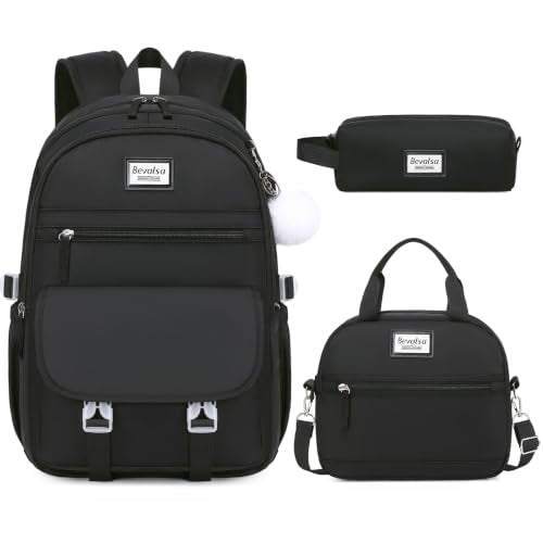 Bevalsa Backpack for Girls, 3PCS School Backpacks with Lunch Box | Pencil Pouch for Teens Girl Kids Elementary Middle High School College Student Bookbag Daypack - color: Black, size: 15.6 inch