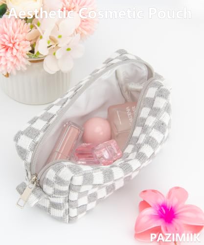 PAZIMIIK Checkered Makeup Bag for Purse, Small Travel Cosmetic Pouch,Grey - color: Grey
