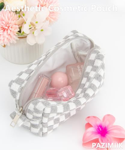 PAZIMIIK Checkered Makeup Bag for Purse, Small Travel Cosmetic Pouch,Grey - color: Grey
