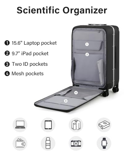MILADA Wide Handle Luggage with Front Pocket Hardshell Aluminium Check In Suitcase with Wheels Medium 24 Inch Front Opening Checked Luggage with Spinner Wheels TSA Lock Airline Approved Luggage, Black - color: Black, size: Checked Medium 24 Inch
