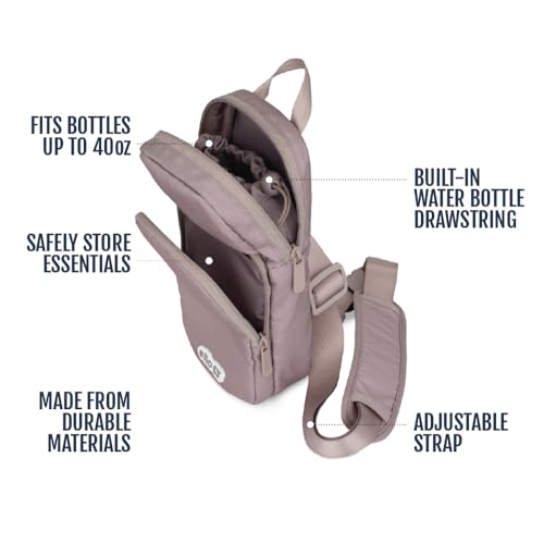 Ello Crossbody Sling Water Bottle Bag | Fits 24oz | Pockets, Adjustable Strap, Drawstring Fastener, Machine Washable - color: Latte