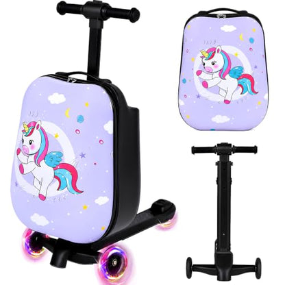 Kids Ride-On Luggage, Scooter Carry-On Suitcase with LED Wheels, 22-inch - color: Purple Cute Pony