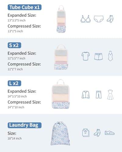 Narwey Compression Packing Cubes for Travel, Cute Luggage Organizer Bags - color: Y-Blue Flower