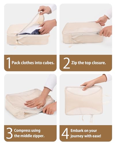 12pc Compression Packing Cubes for Suitcases, Expandable Travel Organizer Bags Set for Luggage, Lightweight Carry On Essentials, Beige - color: Cream