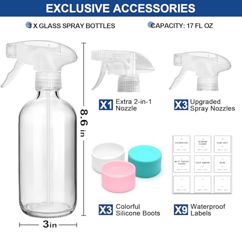 Glass Spray Bottles for Cleaning, 3 Pack Clear Empty Spray Bottle for Cleaning Solutions, 17 fl oz Reusable Spray Bottle for Plants with Silicone Boot, Cleaning Spray Containers with Labels - size: 3 Pack