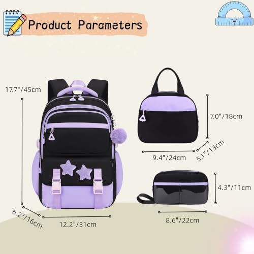 3Pcs Girls Backpack Set for Kids School Bag Bookbag with Star Pins - color: A008-3pcs Pink