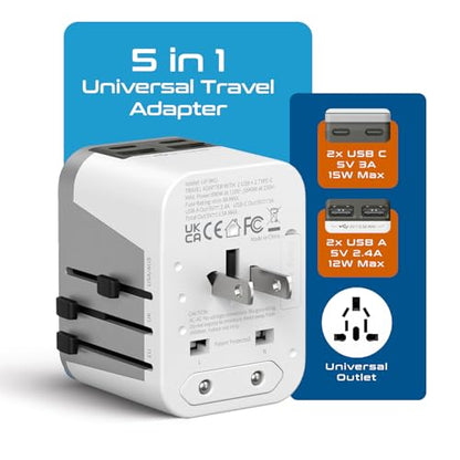 Ceptics Universal Power Adapter - 2 USB-A + 2 USB-C with Universal Socket - color: Grey/White