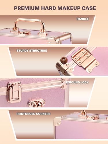 Qislee Makeup Box with Detachable Magnetic LED Mirror, Travel Train Case - color: Sparkling Gradient Pink, size: Small