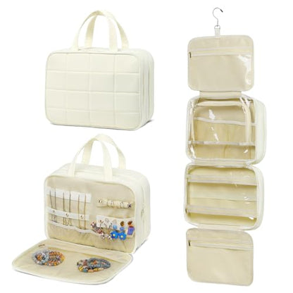 Travel Hanging Toiletry Bag for Women Puffy Makeup Bags Beige