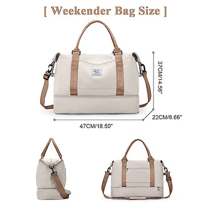 Travel Duffel Bag with Shoes Compartment,Weekender Bags for Women Travel - color: Beige & Brown, size: Large