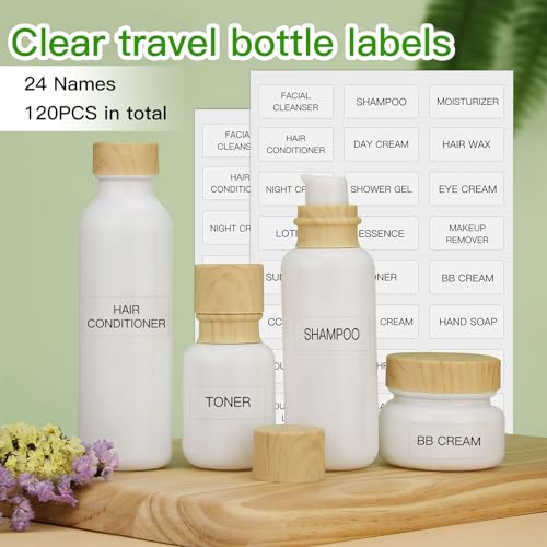 HVSWLY 120 PCS Travel Toiletry Labels Waterproof,Clear Labels for Cosmetic Jars,Bathroom Beauty Organization Refillable Bottles Sticker(1.6"x0.7")