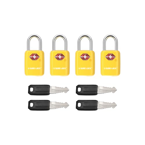 SURE LOCK Mini TSA Approved Keyed Luggage Lock – One Key Opens All, Fits Tight Zipper Gaps & Small Pull Holes, Compact Travel Lock for Suitcases, Backpacks & Handbags - color: YELLOW 4 LOCKS