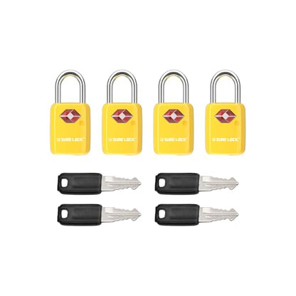 SURE LOCK Mini TSA Approved Keyed Luggage Lock – One Key Opens All, Fits Tight Zipper Gaps & Small Pull Holes, Compact Travel Lock for Suitcases, Backpacks & Handbags - color: YELLOW 4 LOCKS