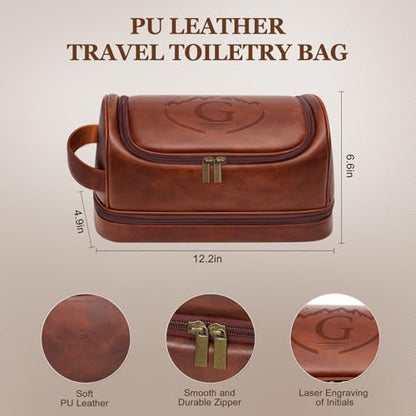 Customized Gifts Travel Leather Toiletry Bag for Mens, Engraved Name Initial PU Leather Waterproof Large Shaving Bag with Hooks, Unique Birthday Gifts for Him Men Dad Son Brother,G
