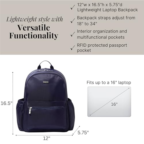 Baggallini Essential Laptop Backpack - 16x12 Inch Travel Backpack with 16" Laptop Sleeve - Lightweight Luggage Backpack - color: Cadet Navy