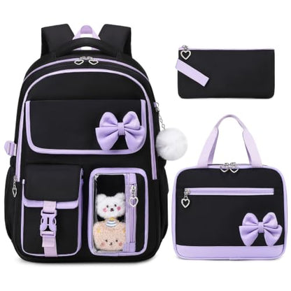 GeeWin Girls Backpack for School Cute Bow with Lunch Box & Pencil Case Set - color: Black Purple