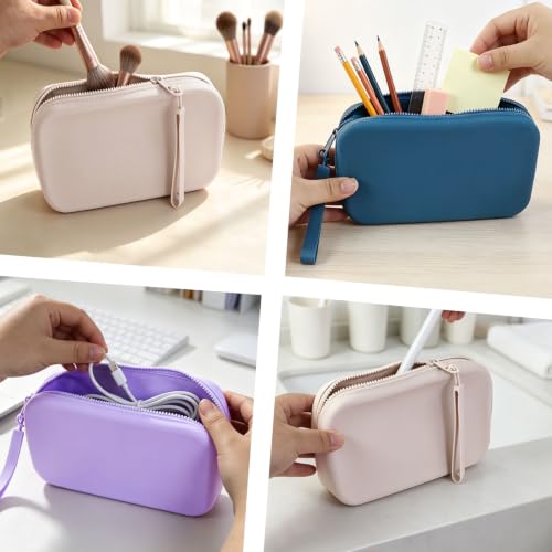 FuninCrea Silicone Makeup Bag, Waterproof Silicone Makeup Brush Holder Pencil Case with Wrist Strap, Small Cosmetic Bag for Purse Compact Travel Cosmetic Pouch for Lipstick Toothbrush (Dark Blue) - color: Dark Blue