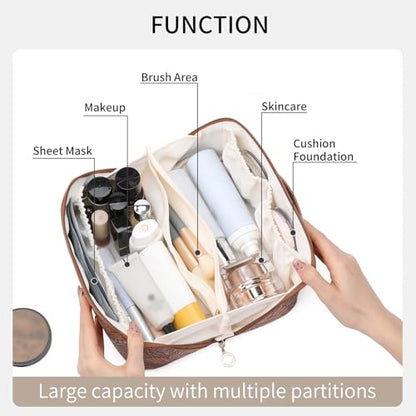 Travel Makeup Bag Cosmetic Bags for Women Large Capacity Water-resistant Portable Pouch Open Flat Toiletry Bag - color: A01-Brown