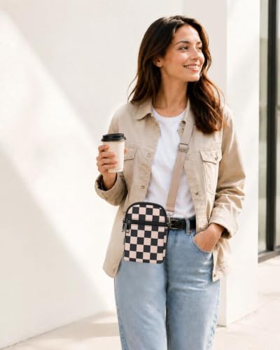 RFID Crossbody Bags For Women Travel, Small Cell Phone Purse - color: Coffee Checkered